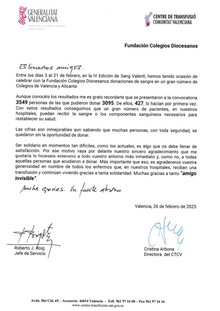 Carta de agradecimiento a todos los colegios diocesanos que participaron en el IV Sang Valentí Diocesà, extendida por el Centro de Transfusión de la Comunidad Valenciana.